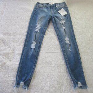 Kancan Jeans 25 Mid Rise Skinny Blue Medium Wash Distressed Raw Hem 10